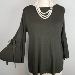 WHBM White House Black Market Dark Olive Green Flared Sleeve Flowy Blouse SMALL